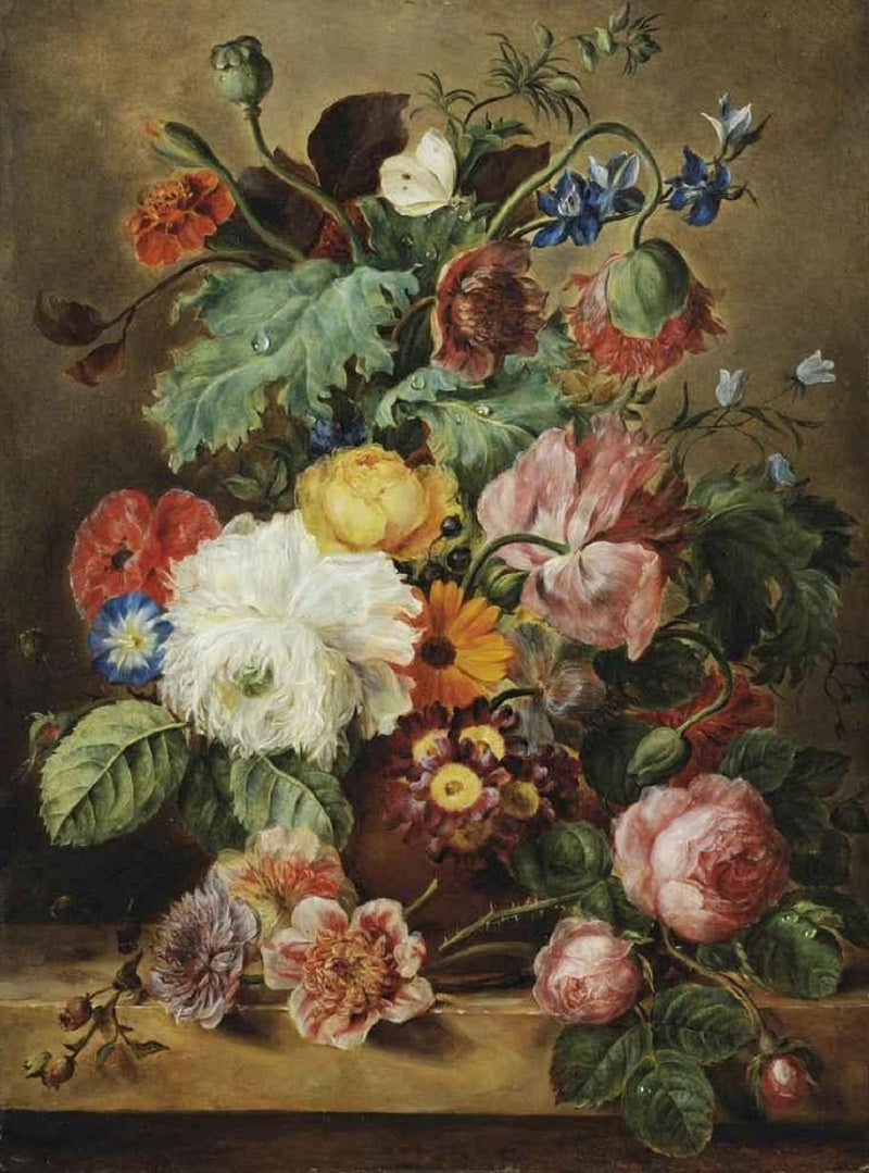 Roses, poppies, marigolds and other flowers in a earthenware vase, vintage artwork by Adriana Johanna Haanen, A3 (16x12") Poster Print