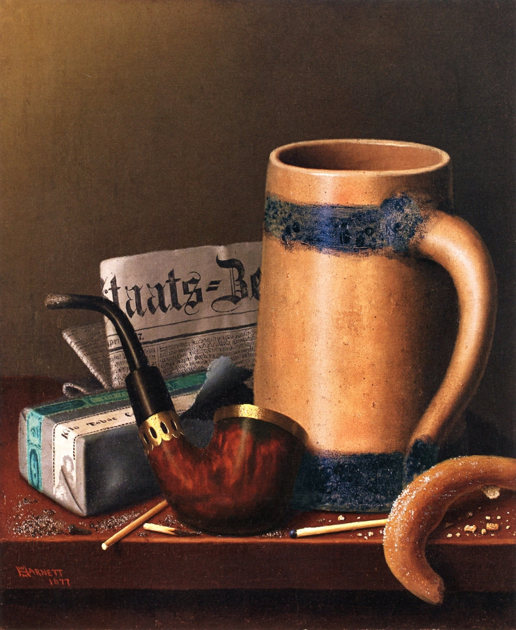 Staats-Zeitung and Pretzel, vintage artwork by William Michael Harnett, 12x8" (A4) Poster