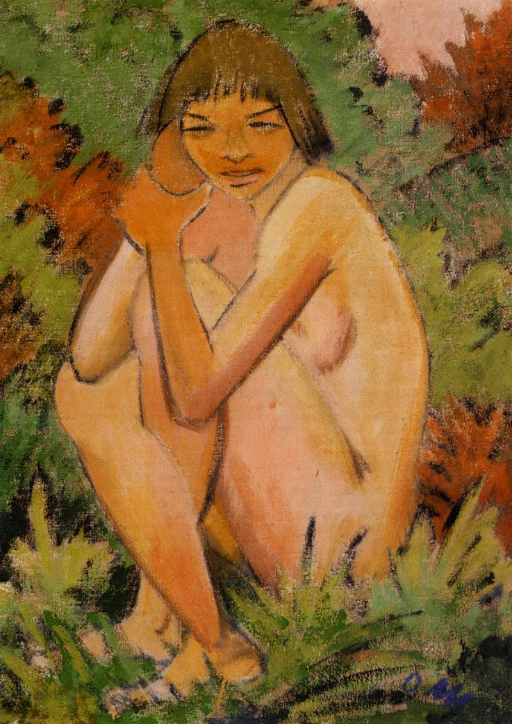 Seated Nude in the Countryside, vintage artwork by Otto Mueller, 12x8" (A4) Poster