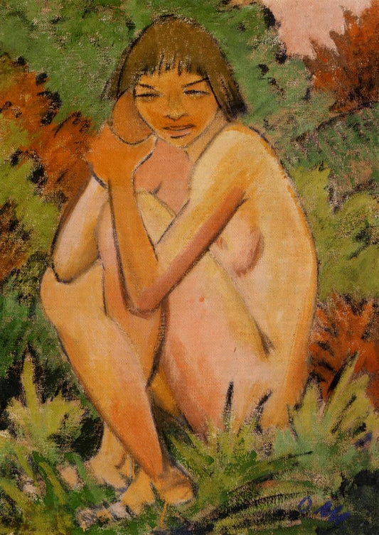 Seated Nude in the Countryside, vintage artwork by Otto Mueller, 12x8" (A4) Poster