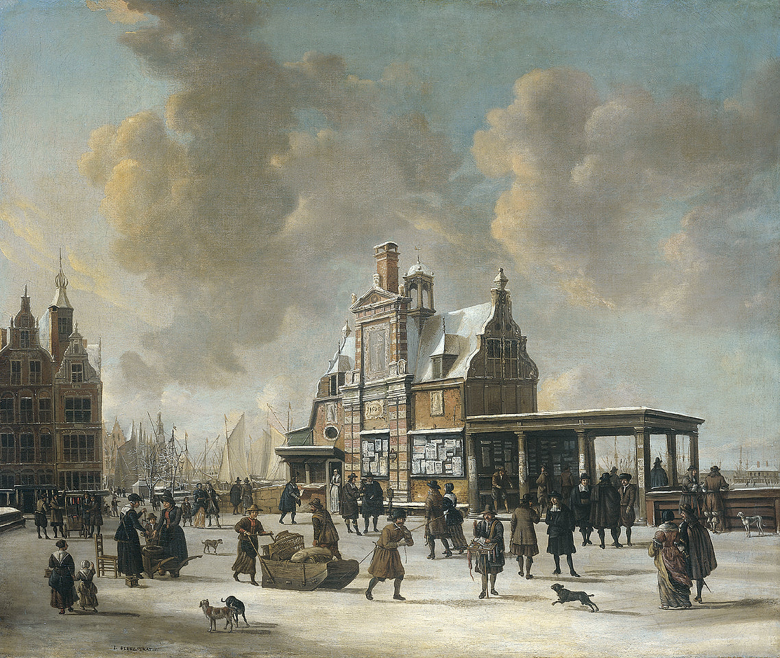 The Paalhuis and the Nieuwe Brug, Amsterdam, in the winter., vintage artwork by Jan Abrahamsz Beerstraten, 12x8" (A4) Poster