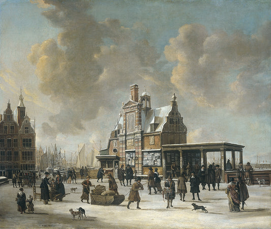 The Paalhuis and the Nieuwe Brug, Amsterdam, in the winter., vintage artwork by Jan Abrahamsz Beerstraten, 12x8" (A4) Poster