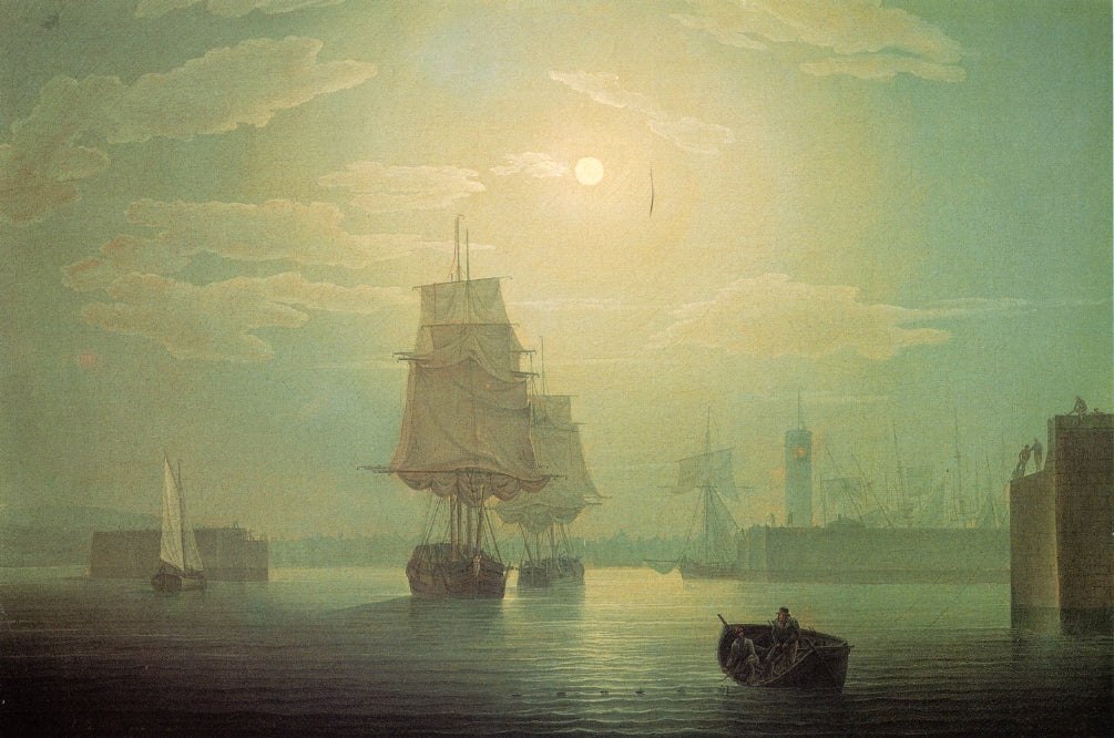 Moonlight over Whitehaven Harbor, England, vintage artwork by Robert Salmon, 12x8" (A4) Poster