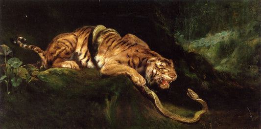 A Tiger Struggling with a Snake, vintage artwork by Giulio Aristide Sartorio, 12x8" (A4) Poster