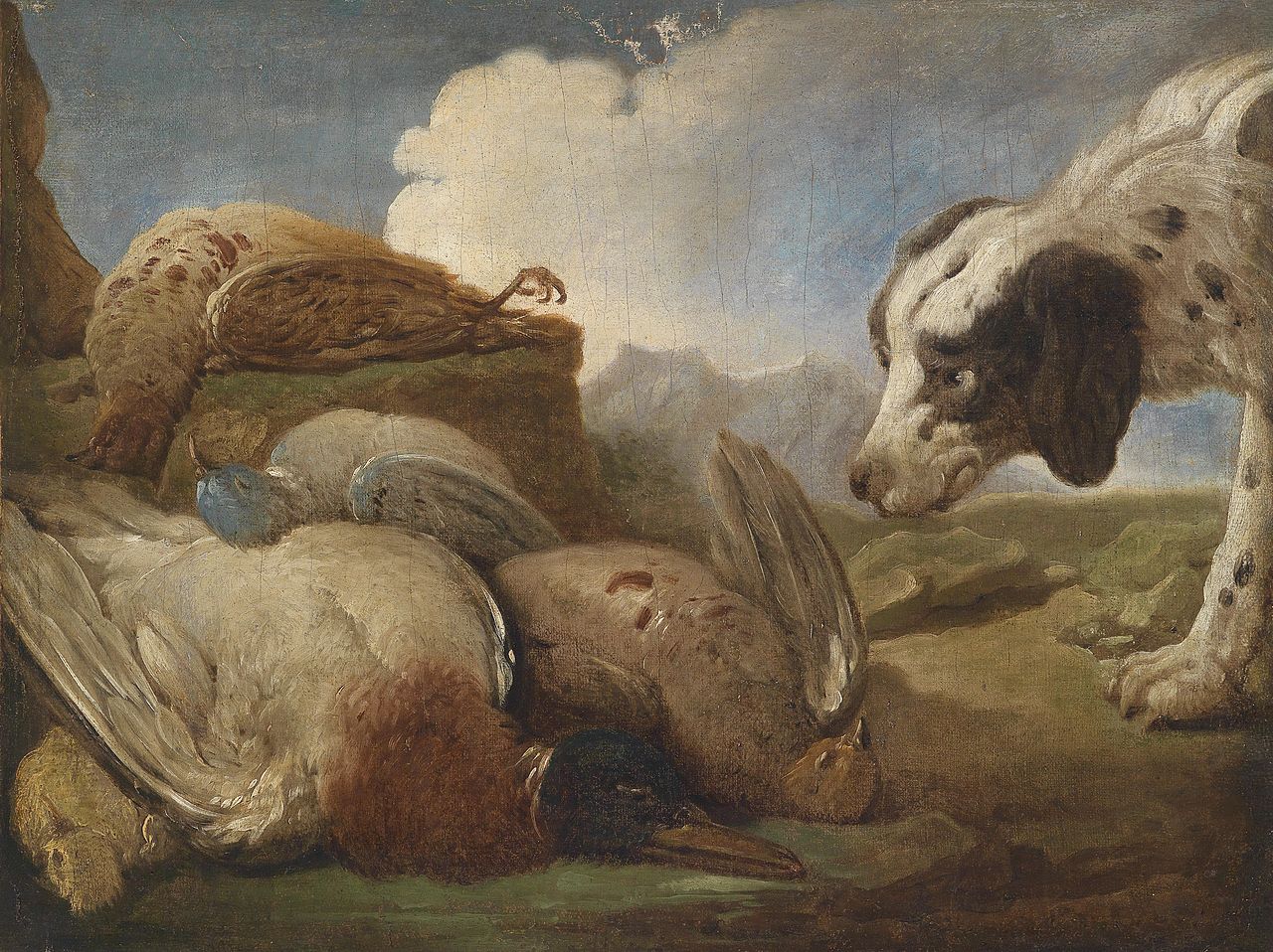 A Hunting Dog with Dead Game, vintage artwork by François Desportes, 12x8" (A4) Poster