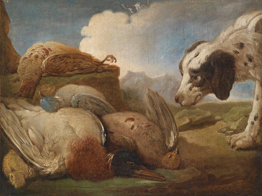 A Hunting Dog with Dead Game, vintage artwork by François Desportes, 12x8" (A4) Poster