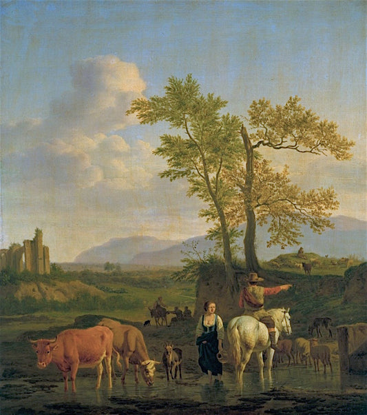 A Horseman at a Ford, Asking the Way of a Herdswoman, in an Italianate Landscape, vintage artwork by Adriaen van de Velde, 12x8" (A4) Poster