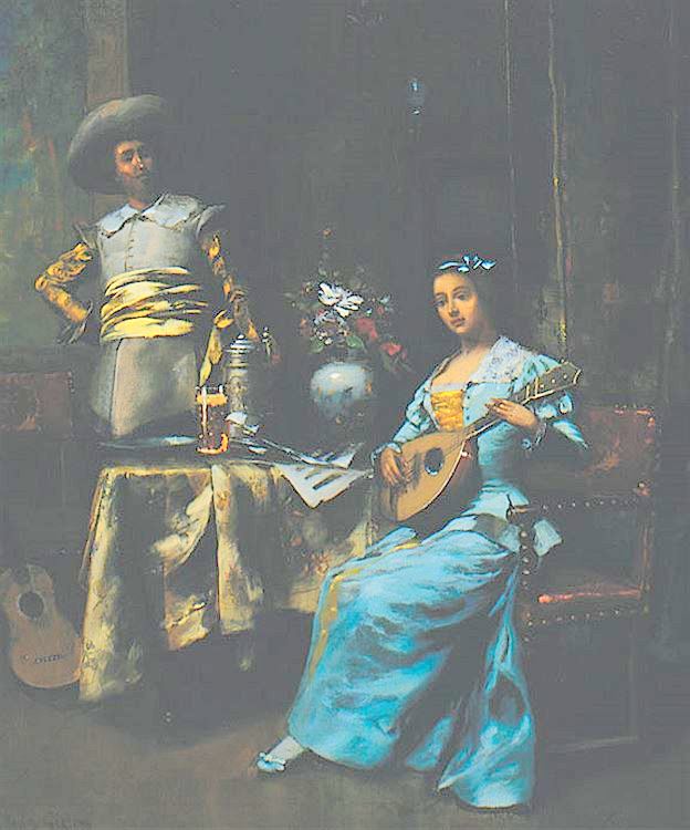 Lady playing a Lute, vintage artwork by David Eugene Girin, 12x8" (A4) Poster