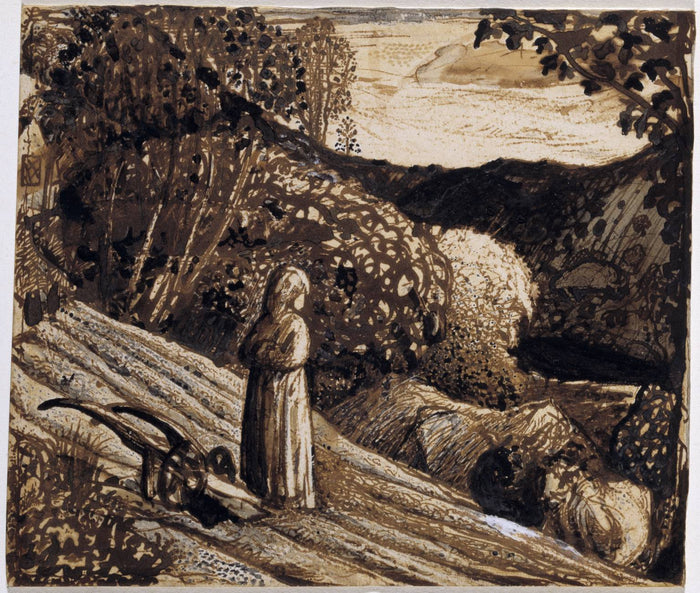 Landscape, Girl Standing, vintage artwork by Samuel Palmer, A3 (16x12