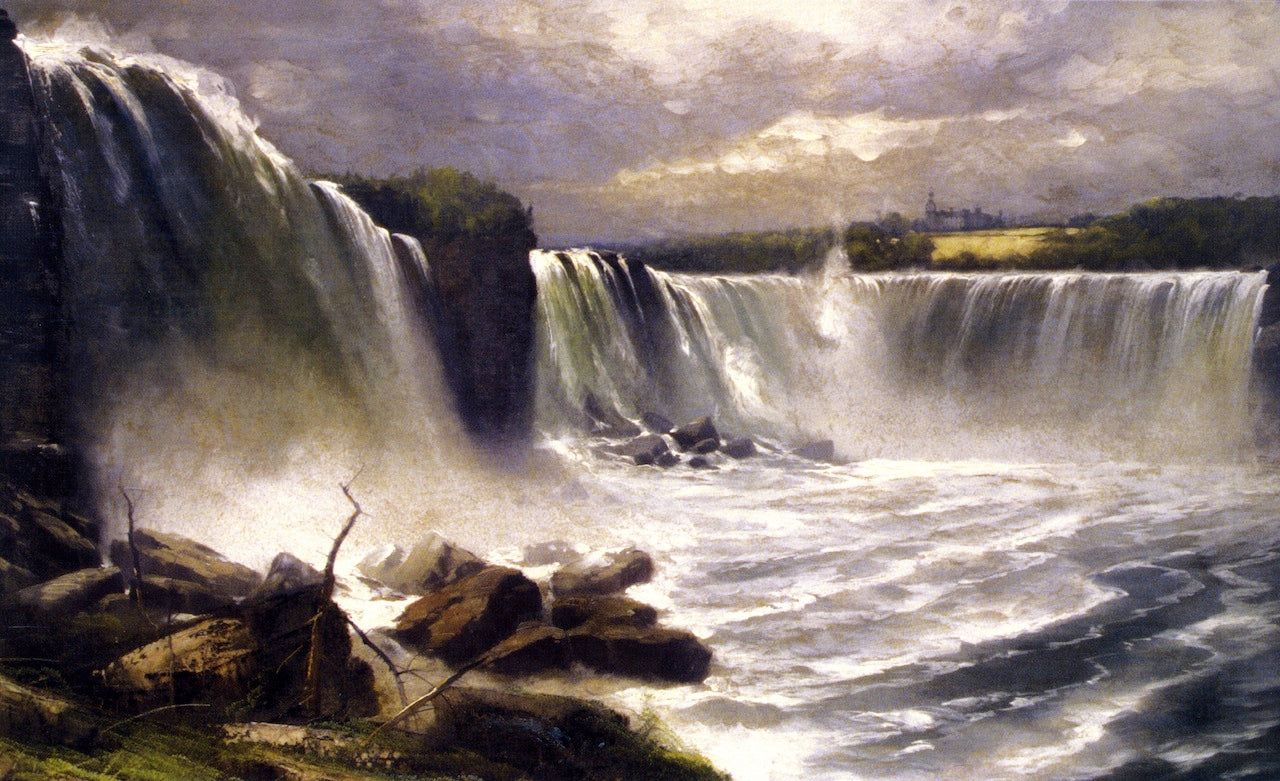 Niagara Falls Showing the Canadian and American Views, vintage artwork by Gilbert Munger, 12x8" (A4) Poster