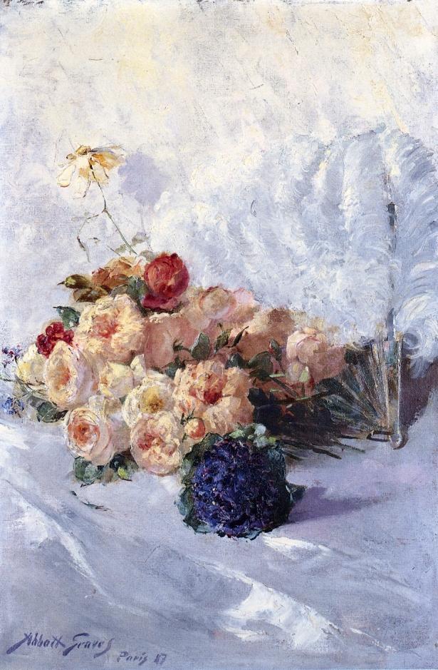 Still Life with Flowers and Fan, vintage artwork by Abbott Fuller Graves, 12x8" (A4) Poster