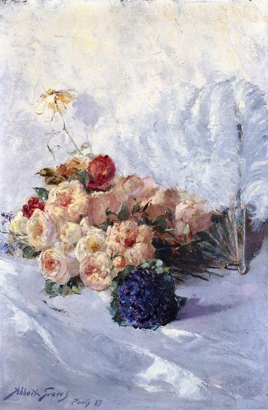 Still Life with Flowers and Fan, vintage artwork by Abbott Fuller Graves, 12x8" (A4) Poster
