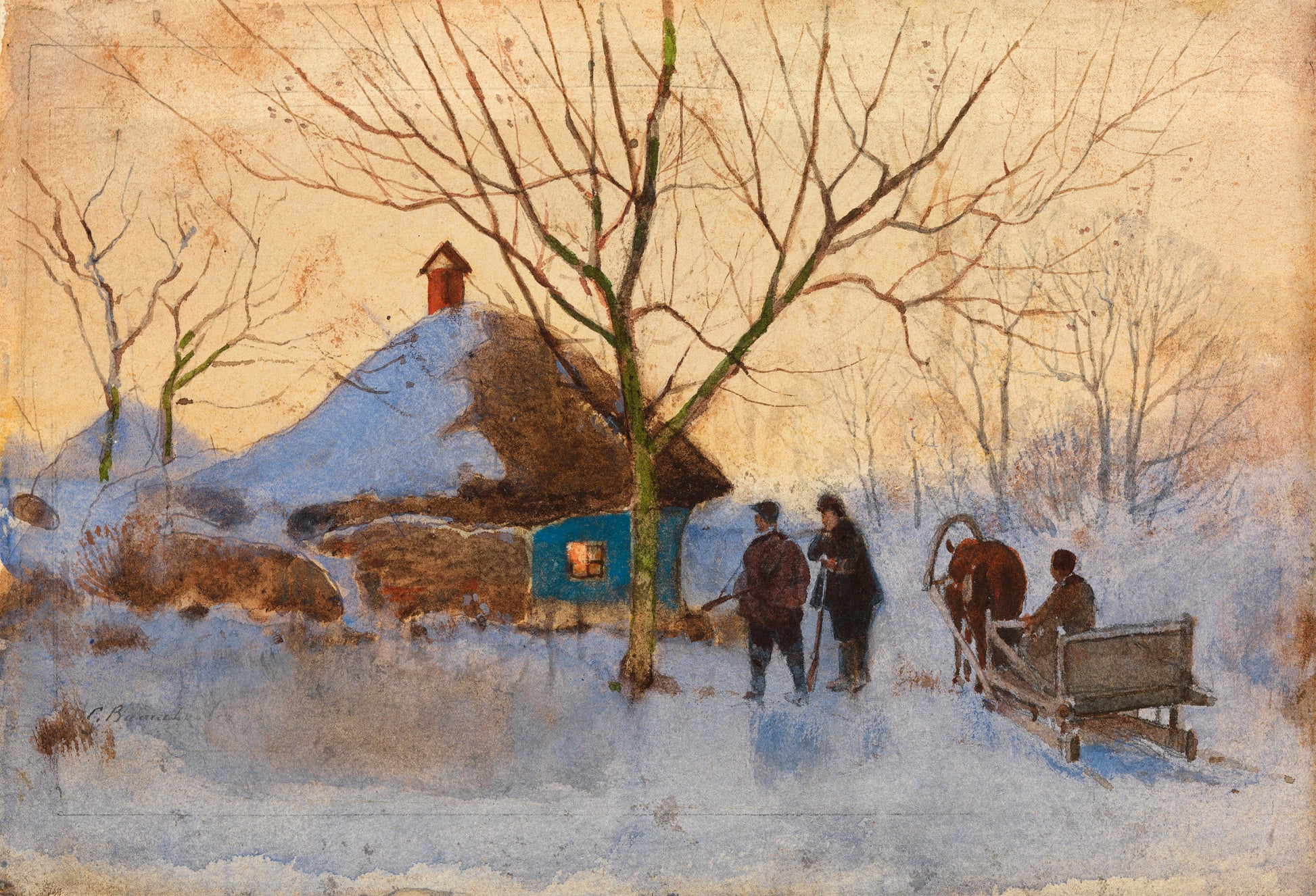 by  a Forest Lodge, vintage artwork by Sergei Ivanovich Vasilkovsky, 12x8" (A4) Poster
