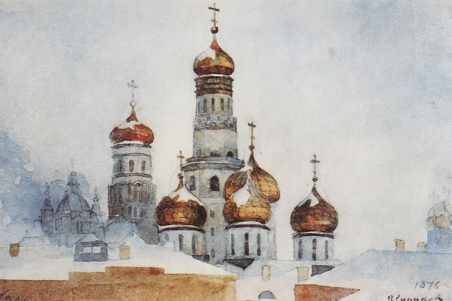 The Belfry of Ivan the Great and Domes of the Assumption Cathedral, vintage artwork by Vasili Ivanovich Surikov, 12x8" (A4) Poster