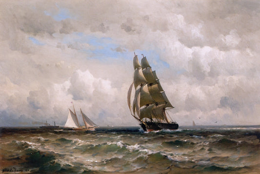 Brigantine, Schooner and Steamship at Sea, vintage artwork by Mauritz F. H. De Haas, 12x8" (A4) Poster