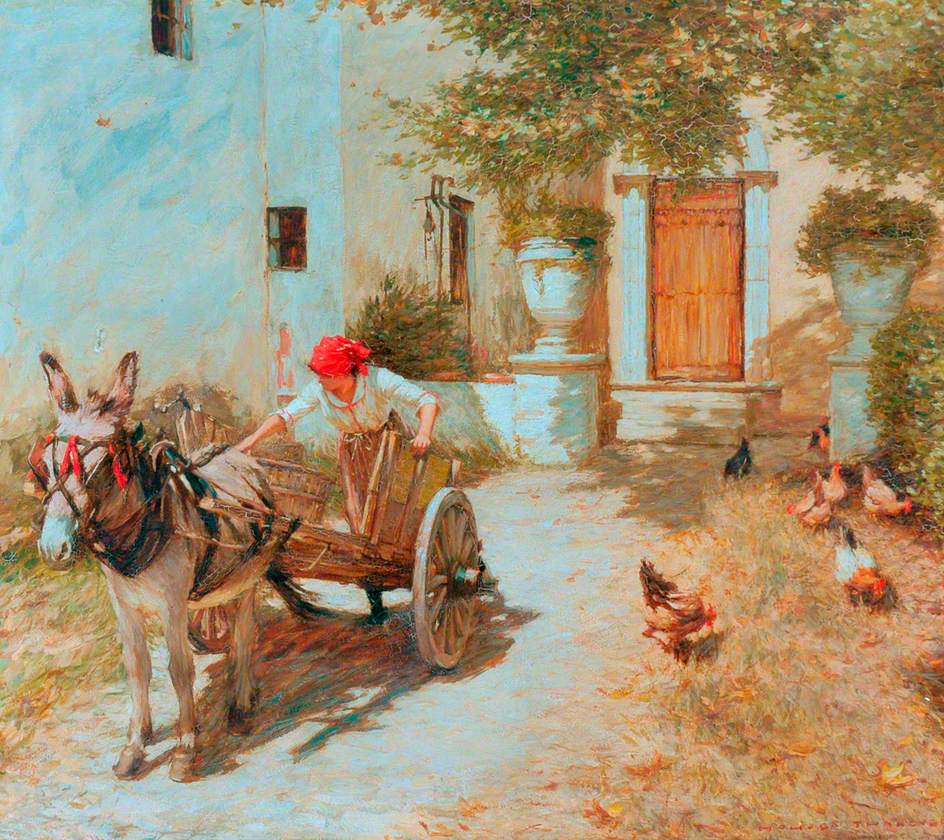 Farm Yard Scene, vintage artwork by Henry Herbert la Thangue, 12x8" (A4) Poster