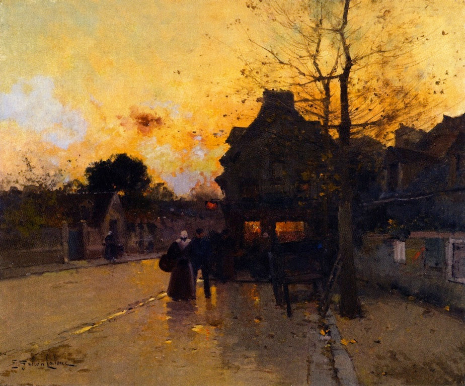 Village, an Autumn Evening, vintage artwork by Eugene Galien-Laloue, 12x8" (A4) Poster
