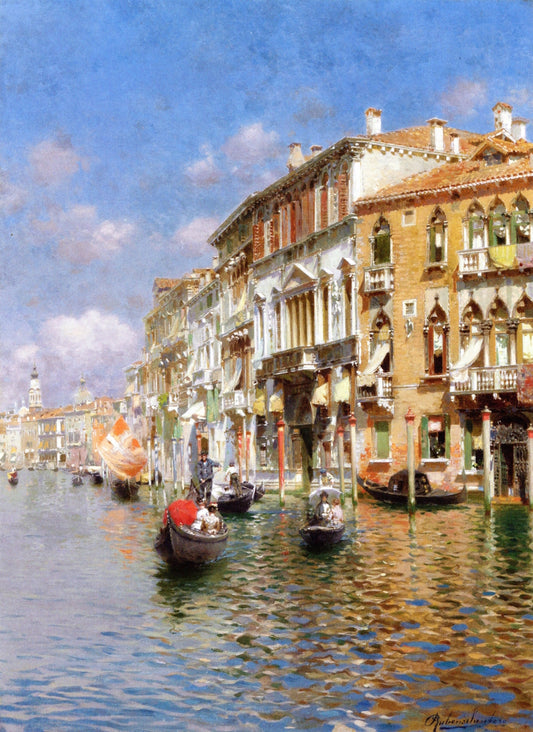 Gondolas on the Grand Canal, Venice, vintage artwork by Rubens Santoro, 12x8" (A4) Poster
