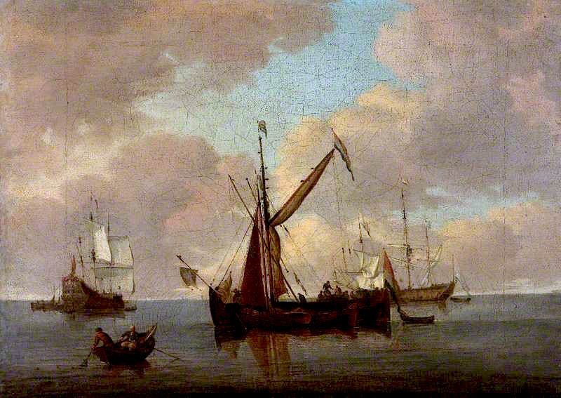 A Calm with Dutch Vessels (copy after Adriaen van de Velde), vintage artwork by Attributed to Charles Brooking, 12x8" (A4) Poster