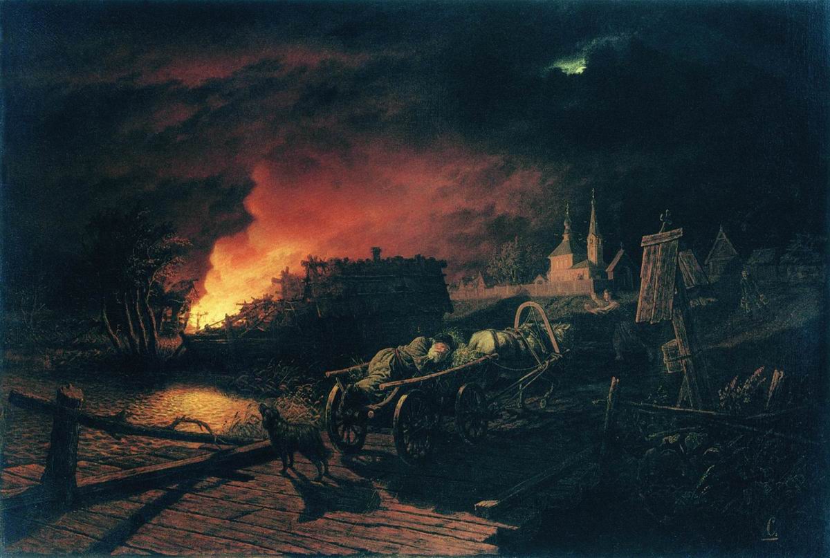 Fire in the Village, vintage artwork by Leonid Solomatkin, 12x8" (A4) Poster