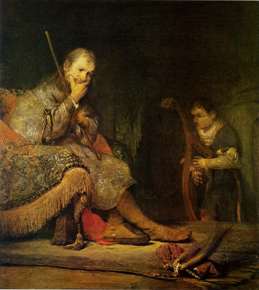 David Playing the Harp to Saul, vintage artwork by Aert de Gelder, 12x8" (A4) Poster