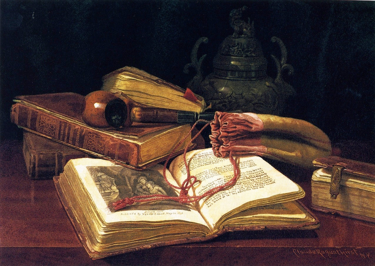 Still LIfe with Books, vintage artwork by Claude Raguet Hirst, 12x8" (A4) Poster