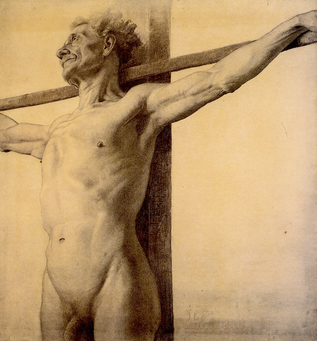 Half-Length Nude with His Arms Extended upon a Cross, vintage artwork by Theodore Clement Steele, 12x8" (A4) Poster