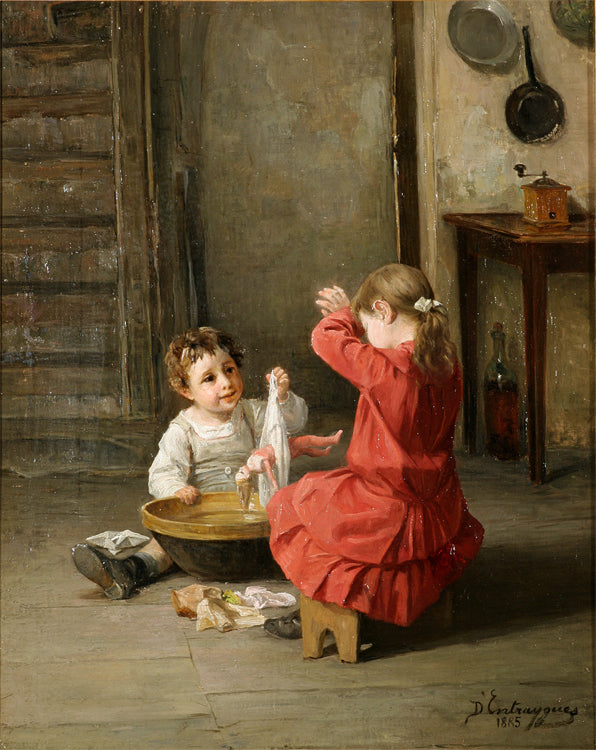 Giving a Bath, vintage artwork by Charles-Bertrand d'Entraygues, 12x8" (A4) Poster