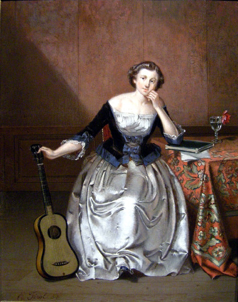 Lady with guitar, vintage artwork by Eugene Feral, 12x8" (A4) Poster