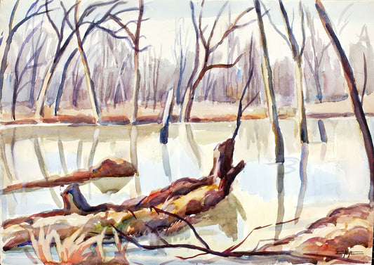 Rock Creek, Winter, vintage artwork by Edgar Nye, 12x8" (A4) Poster