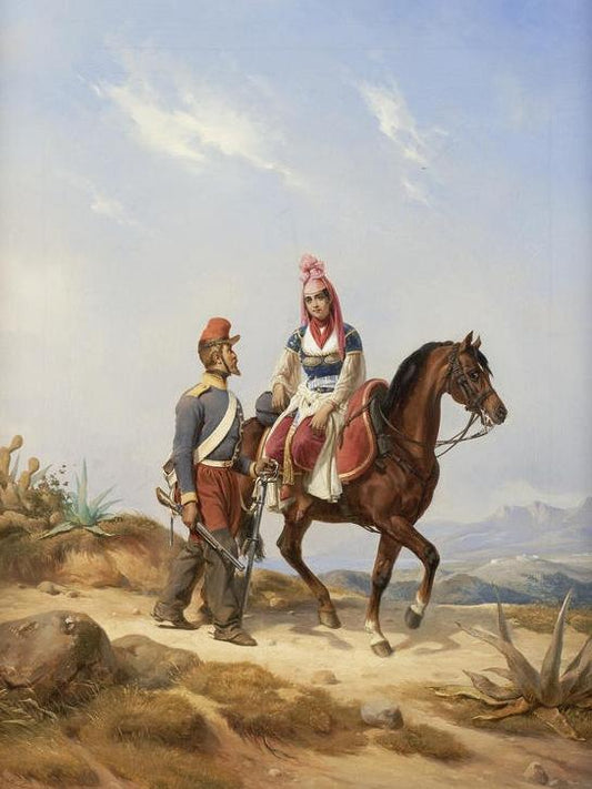 A Footsoldier and Maiden Riding Sidesaddle, vintage artwork by Niels Simonsen, A3 (16x12") Poster Print
