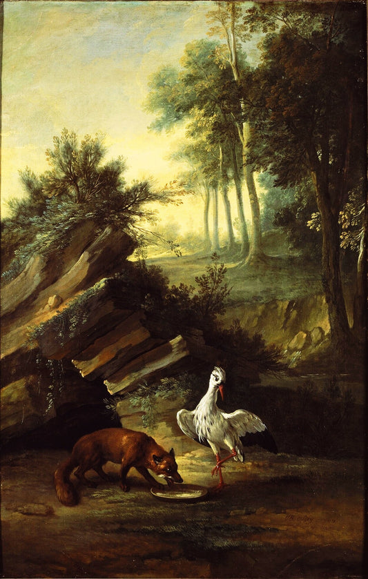 Fox and stork, vintage artwork by Jean-Baptiste Oudry, 12x8" (A4) Poster