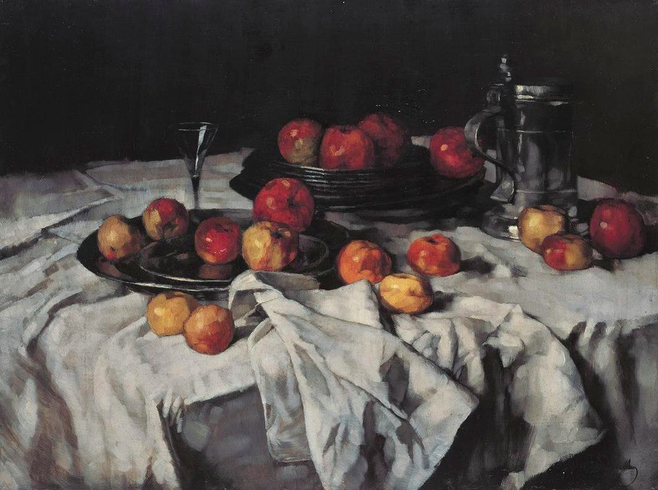 Still life with apples, a pewter jug ​​and a wine glass, vintage artwork by Carl Eduard Schuch, 12x8" (A4) Poster