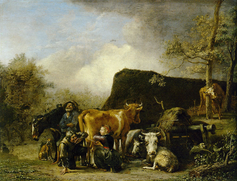 Woman Milking a Cow, vintage artwork by Paulus Potter, 12x8" (A4) Poster