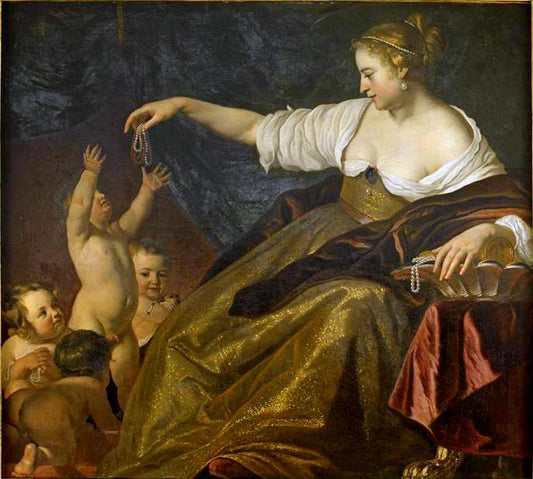 A Young Woman Playing with Children and Giving them Pearls, vintage artwork by Jacob Van Loo, 12x8" (A4) Poster