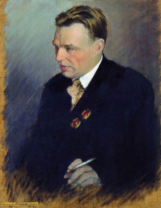 Portrait of Pilot Valery Chkalov, vintage artwork by Ivan Kulikov, 12x8" (A4) Poster