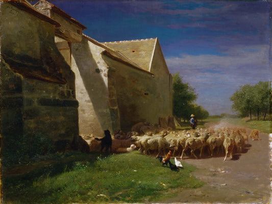 Sheep Leaving a Farmyard, vintage artwork by Charles-Émile Jacque, A3 (16x12") Poster Print