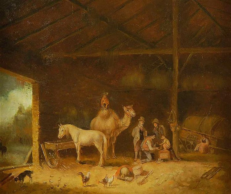 Barn interior with animals, vintage artwork by Edward Meyer Kern, 12x8" (A4) Poster
