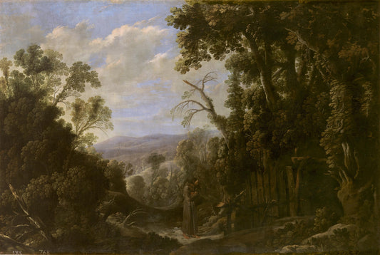 Landscape with Hermit Bound in Chains, vintage artwork by Attributed to Herman van Swanevelt, 12x8" (A4) Poster