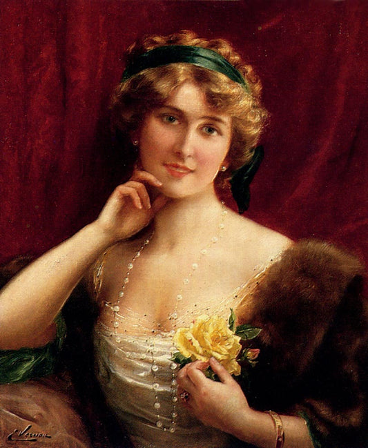 An Elegant Lady With A Yellow Rose, vintage artwork by Emile Vernon, 12x8" (A4) Poster