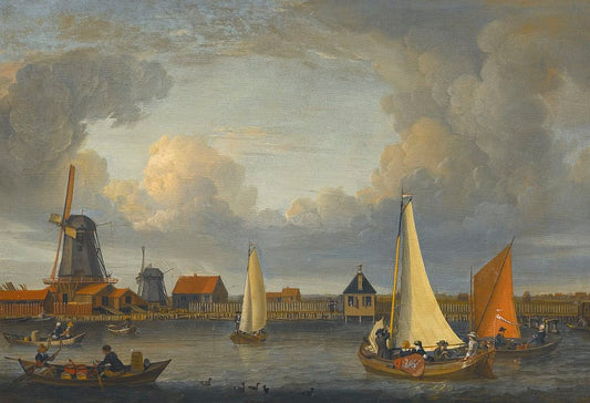 A River Landscape with Fishermen in Rowing Boats and Windmills Beyond, vintage artwork by Abraham Jansz. Storck, 12x8" (A4) Poster