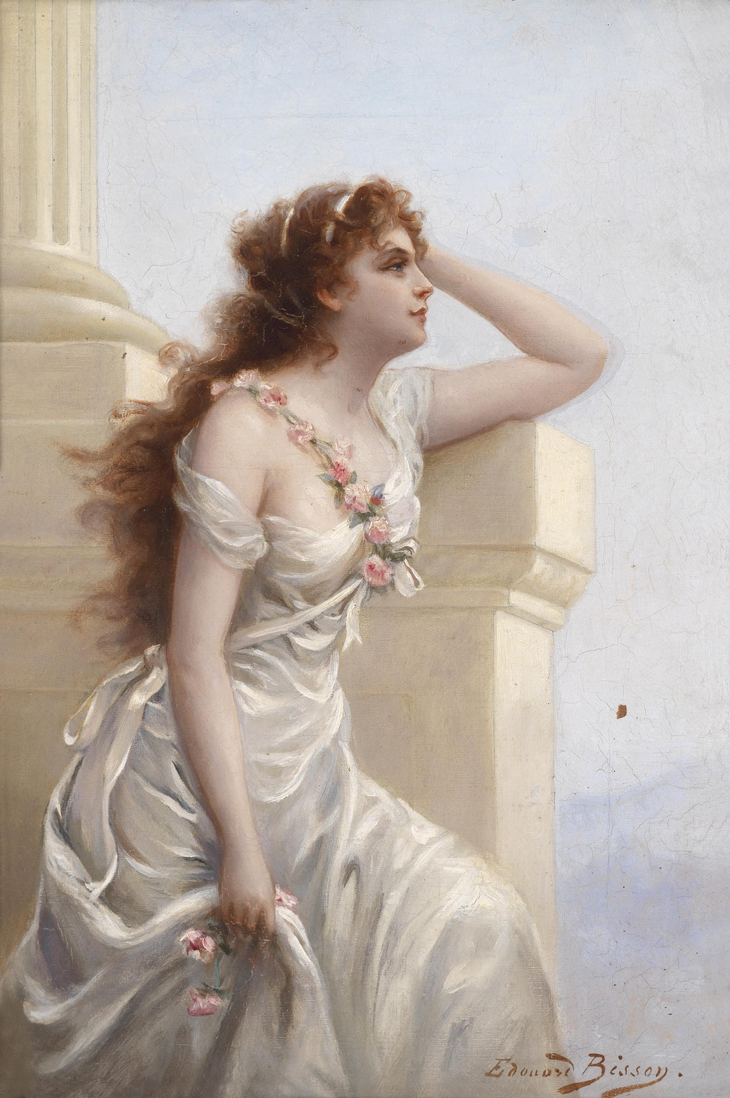 A young beauty with a wreath of roses, vintage artwork by Edouard Bisson, 12x8" (A4) Poster