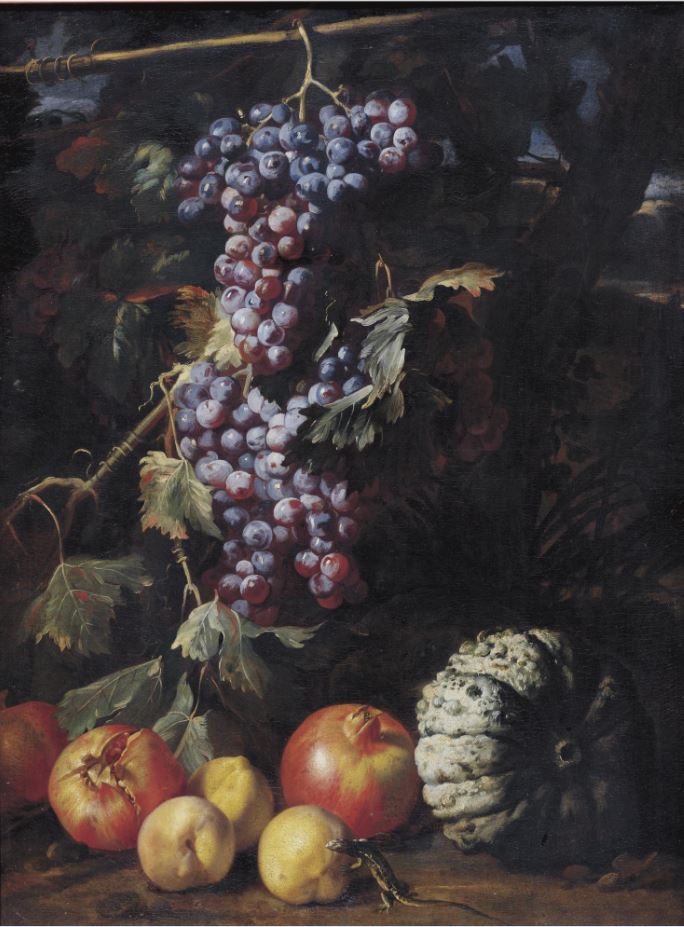 Still Life of A Bunch of Grapes Hanging From A Twig, Pomegranates, Peaches, A Melon And A Salamander, vintage artwork by Abraham Brueghel, 12x8" (A4) Poster