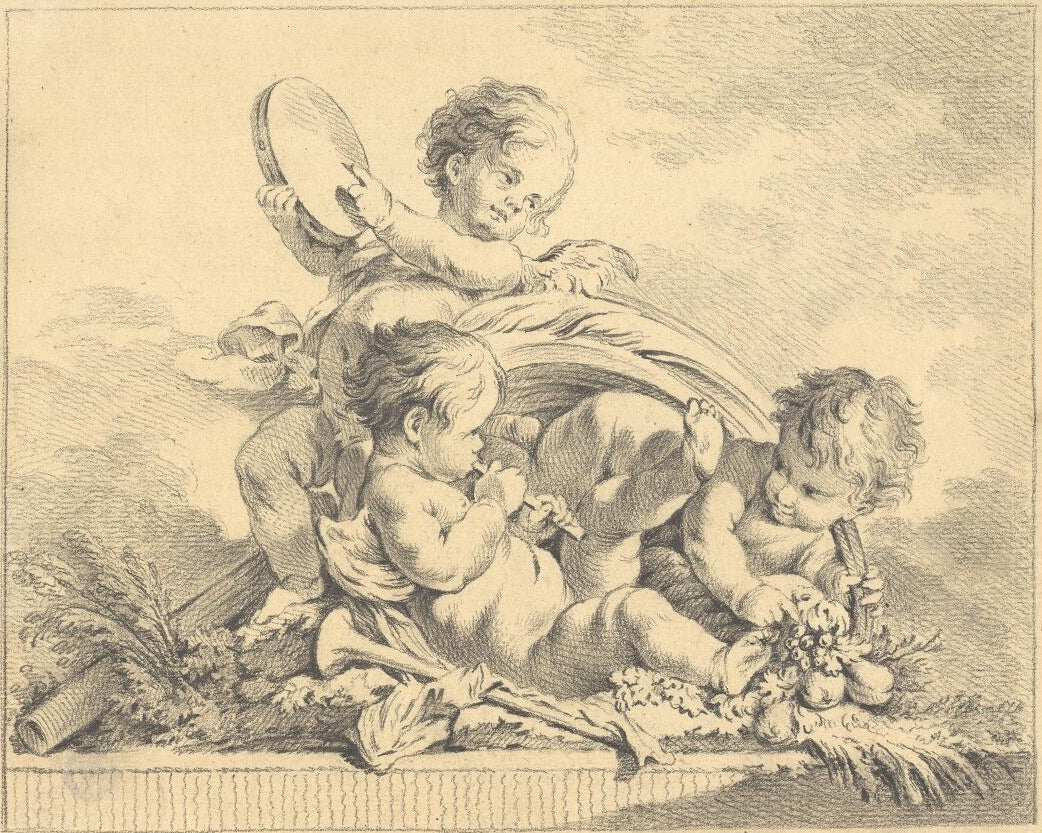 Three Putti Playing Music, vintage artwork by Guillaume Thomas Taraval, 12x8" (A4) Poster