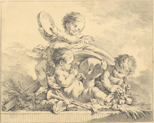 Three Putti Playing Music, vintage artwork by Guillaume Thomas Taraval, 12x8" (A4) Poster