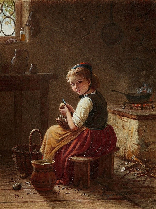 Little Scullery Maid Peeling Potatoes, vintage artwork by Johann Georg Meyer von Bremen, A3 (16x12") Poster Print