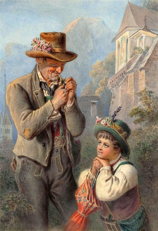 Father and Son in the Church Garden, vintage artwork by Carl Goebel, 12x8" (A4) Poster