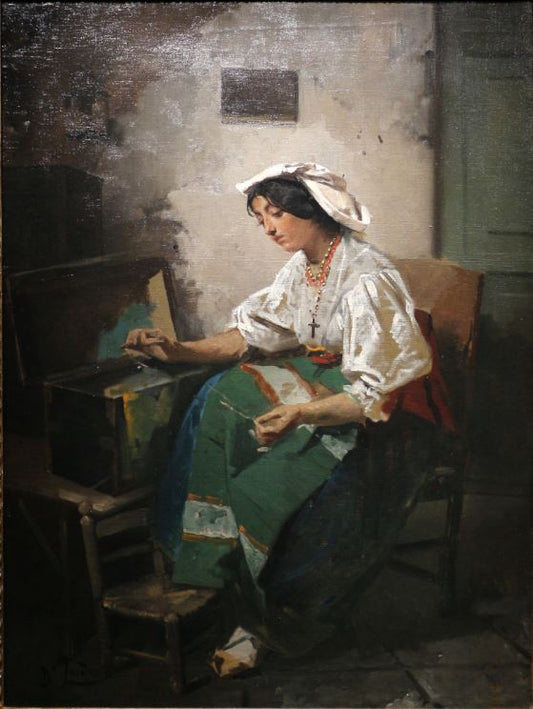 Girl Sewing, vintage artwork by Domenico Induno, A3 (16x12") Poster Print