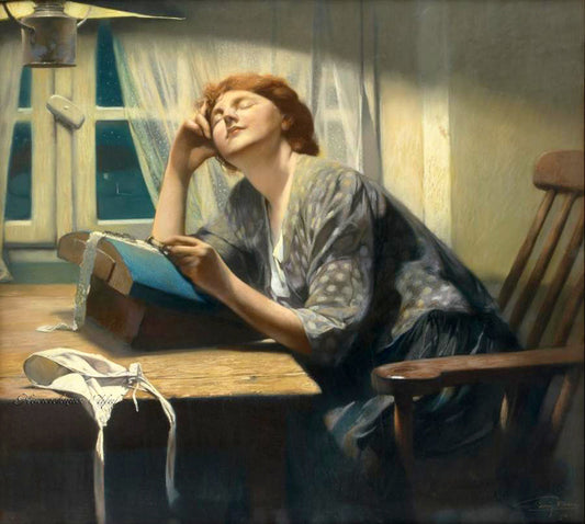 Le rêve de la dentellière, vintage artwork by Firmin Baes, 12x8" (A4) Poster