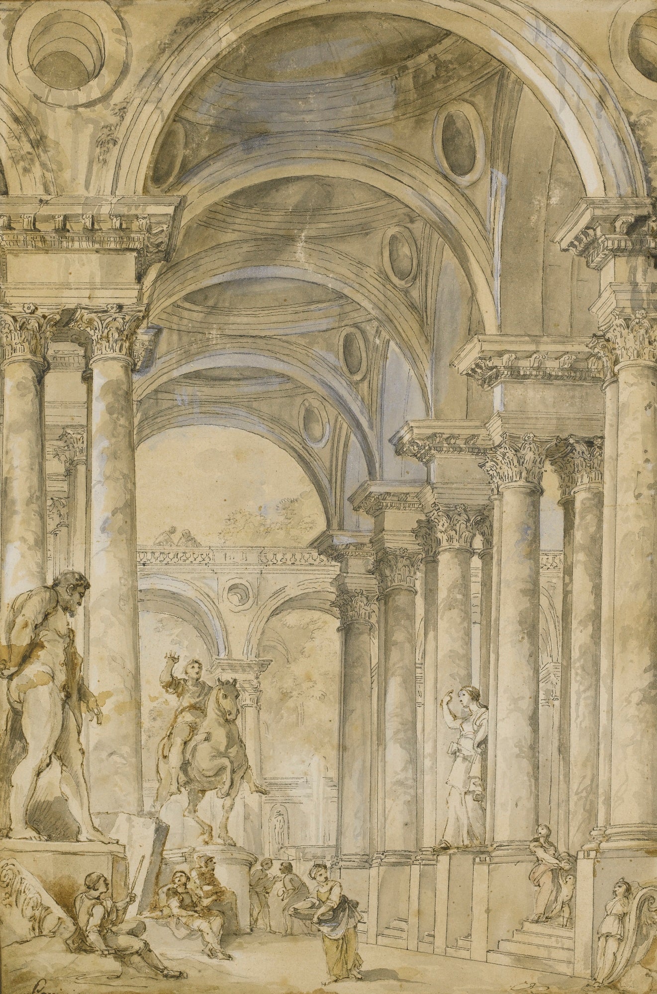 An Architectural Capriccio with Figures and Antique Statues, vintage artwork by Charles-Joseph Natoire, 12x8" (A4) Poster